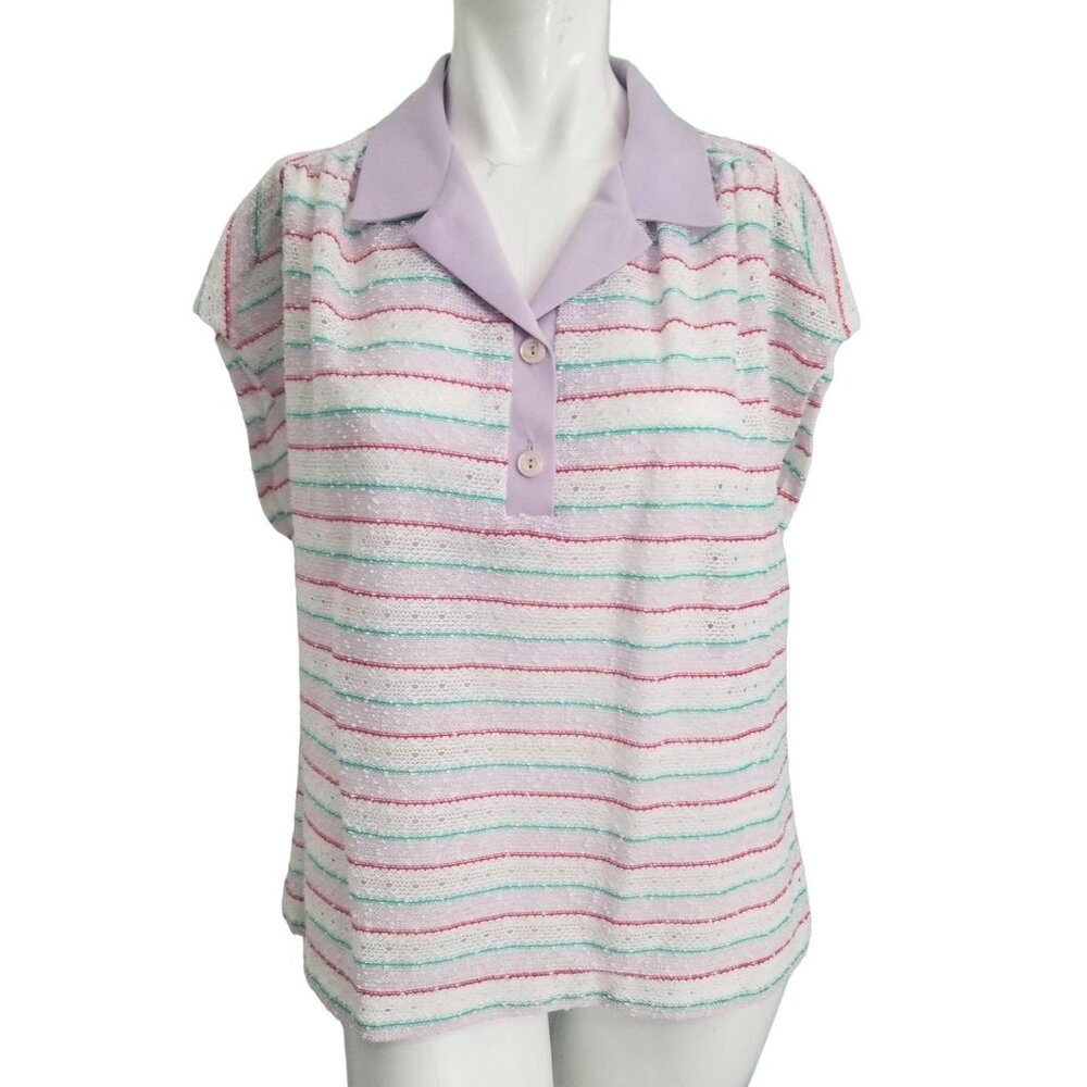 Marty Gutmacher Vintage 70s Blue White Collared Blouse Sz Medium Womens Open Kni - Picture 5 of 5